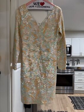 Long Sleeve Sequin V-Neck Dress in Cream